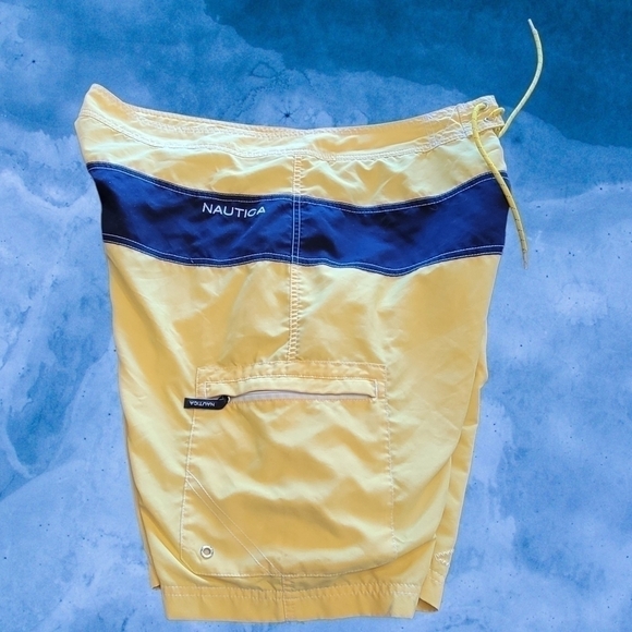 NAUTICA 𝅺Board Shorts Mens 38 Blue Spellout Swim Trunks Mesh lined T51 - Picture 1 of 11